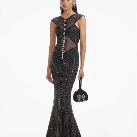 SELF PORTRAIT Black Rhinestone Fishnet Crossover Midi Dress US 6 - Picture 7 of 8